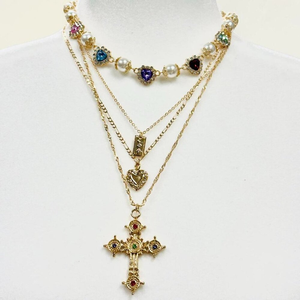 4 pcs set Gold layered choker necklace with cross pendant and pearl details